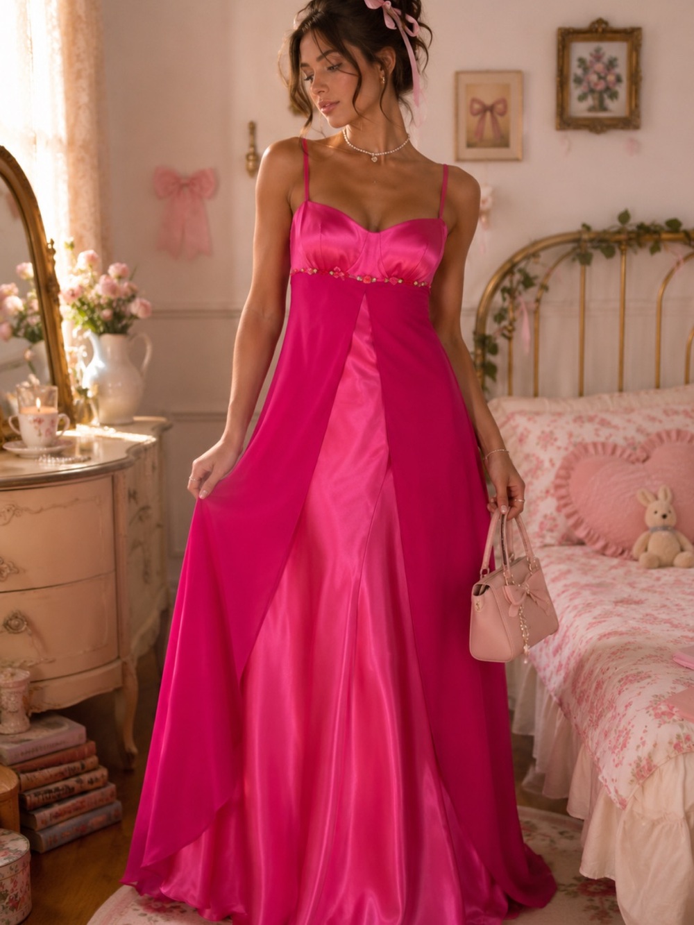 NWT Milano Y2K Fuchsia Satin Chiffon Rosette Formal Coquette Style